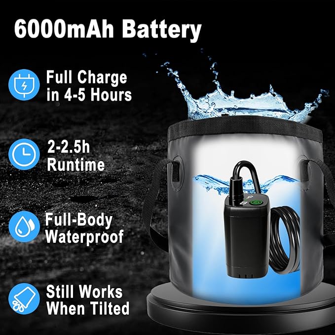 Rechargeable Camping Shower with Heater,1600W Water Heater,6000mAh Shower Pump with LED Display Foldable Bucket Outdoor
