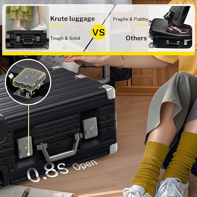 Krute Carry On Luggage 20 inch Aluminum Frame Luggage with Spinner Wheels Hardshell No Zipper PC+ABS TSA Lock Zipperless Suitcases Black