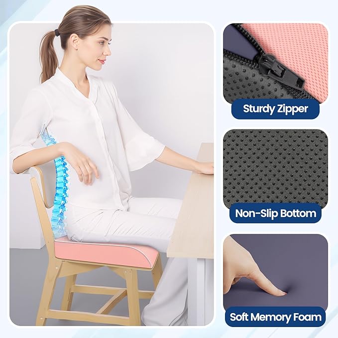 SweetSlubr Seat Cushion for Tailbone Pain Relief, Office Chair Cushion, Memory Foam Large Chair Cushion with Non-Slip Cover for Soft Support at Office Chair, Car Seat, Airplane Pink/X-Large