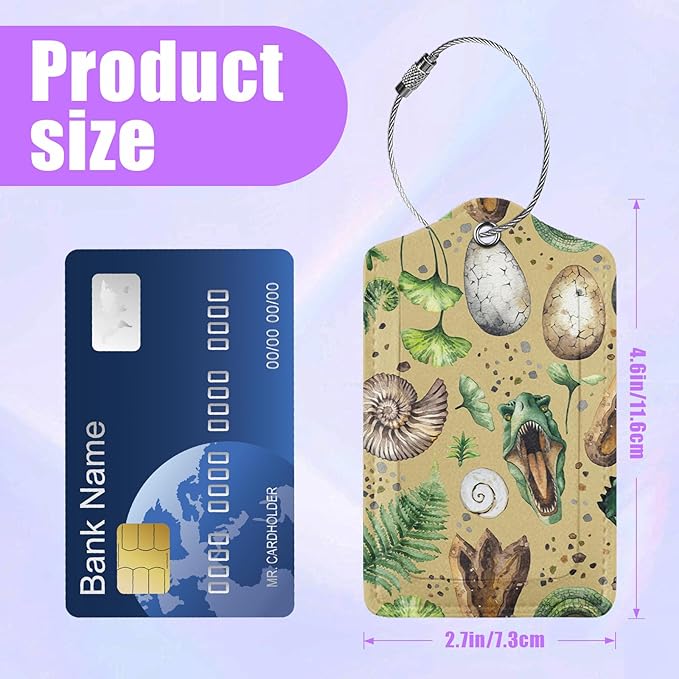 3 Pack Vintage Dinosaurs Fossil Luggage Tags for Suitcase Dinosaur Eggs PU Leather Travel Luggage Tag Privacy Cover ID Label for Women Men Baggage Backpack Handbag School Bag