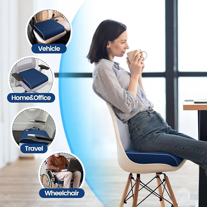 SweetSlubr Seat Cushion for Tailbone Pain Relief, Office Chair Cushion, Memory Foam Large Chair Cushion with Non-Slip Cover for Soft Support at Office Chair, Car Seat, Airplane Drak Blue/2X-Large