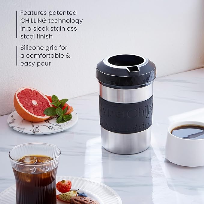 The Original but NEW Stainless-Steel HyperChiller HC2SS Patented Iced Coffee/Beverage Cooler Ready in One Minute, Reusable for Iced Tea, Wine, Spirits, Alcohol, Juice, 12.5 oz, Stainless Steel