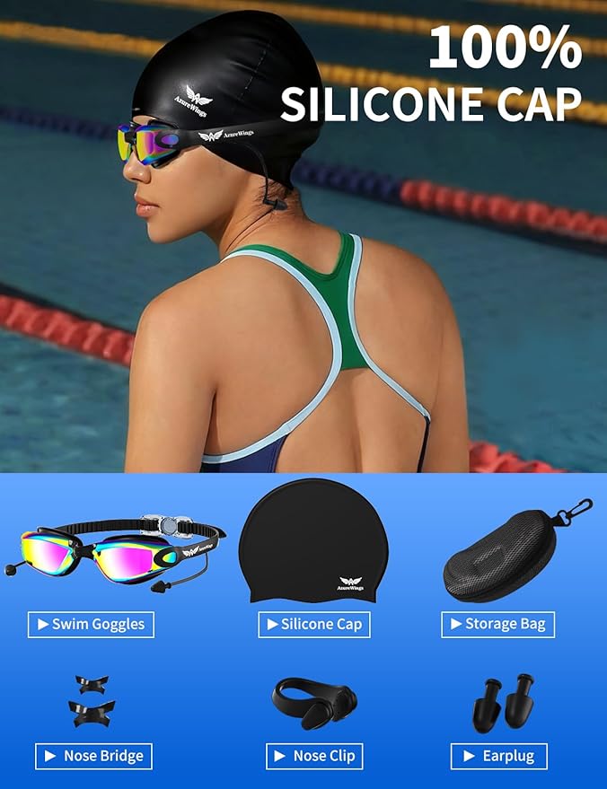 7 in 1 Swim Goggles + Swim Cap for Men Women,No Leak Anti-Fog & UV, Wide Visio HD Mirror PC Lens