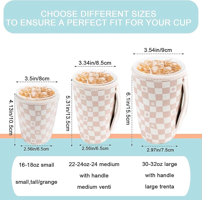 KJQJLY 3 Pack Reusable Iced Coffee Sleeves for Iced Coffee Cups or Drinks Reusable Neoprene Insulated Sleeves for Hot and Cold Drinks from Starbucks, Dunkin, And More (Floral Checkers)