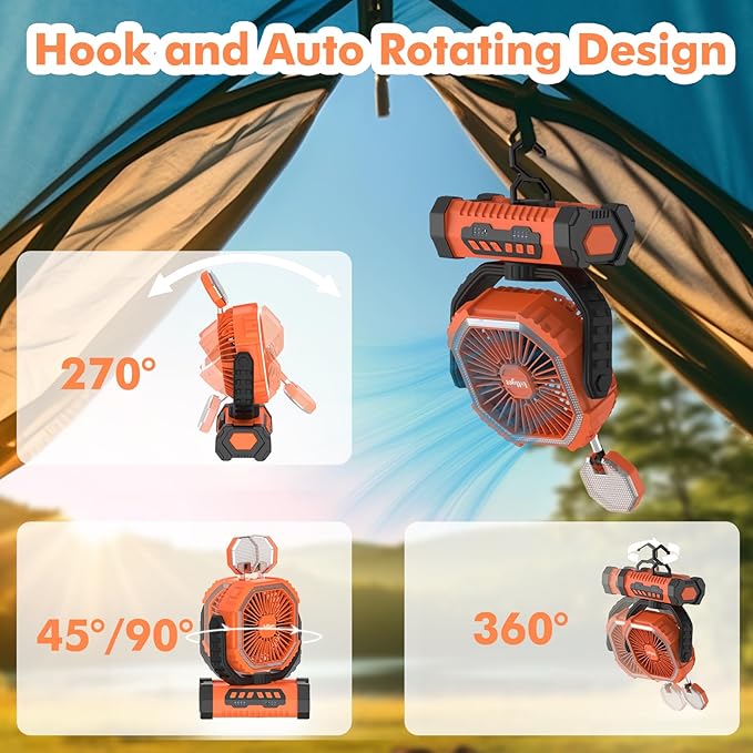 Portable Fan, AI Outdoor Rechargeable Camping Fan with Light, 20000mAh Battery Powered, 360° Rotating Hook, 4 Speeds for Indoor, Traveling, Tenting, RVing, Fishing, Beach (Orange)