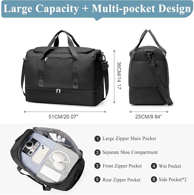 Large Travel Duffle Bag,Carry on Overnight Weekend Bag with Shoes Compartment,Weekender Bags for Women for Travel Business Trips Sport Hospital,Black
