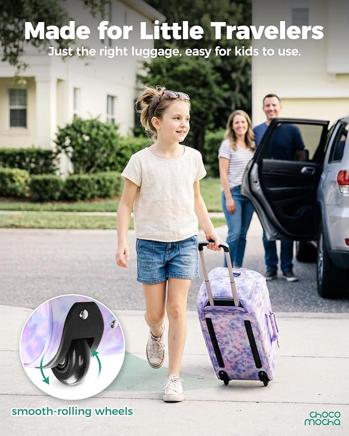 Choco Mocha Girls Suitcase with Wheels, Kids Rolling Duffle Bag Luggage for Travel 22inch, Galaxy Purple