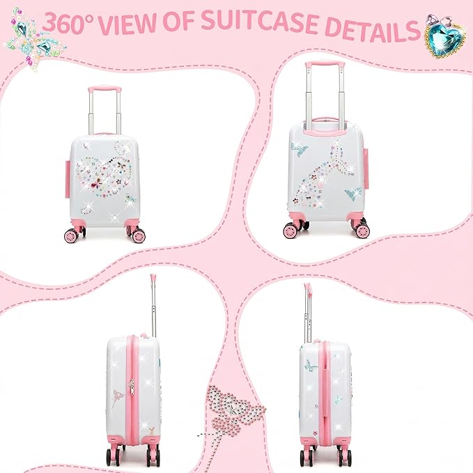 Kids Luggage Sets 2 Piece Pink Rolling Suitcases for Girls with Wheel Shardshell 16" Travel Suitcase with 10 Sheets Gem Stickers