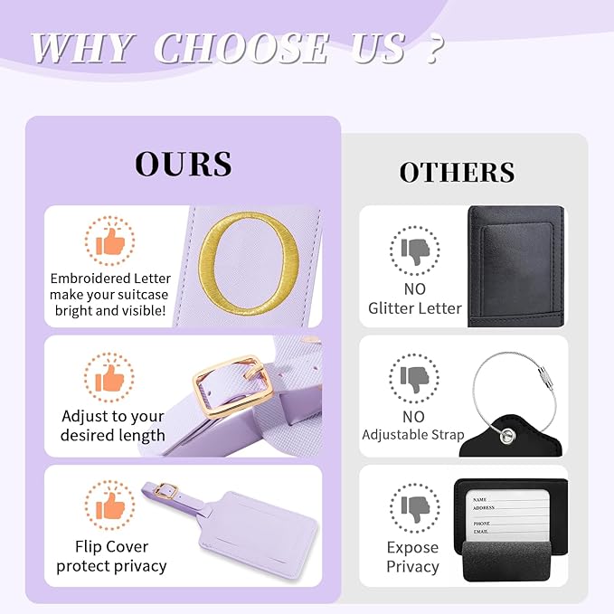 Personalized Initial Luggage Tags for Suitcase, Purple Leather Cute Luggage Tags with Privacy Cover Name Card, Embroidered Custom Monogrammed Luggage Tag Travel Backpack Tags Gifts for Women Kids(O)