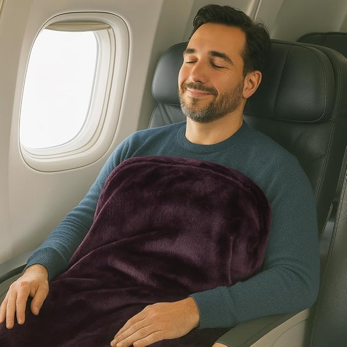 Comfort Fly Travel Blanket & Pillow – 2-in-1 Micro Plush Airplane Blanket with Carry Case (40" x 70") - Plum