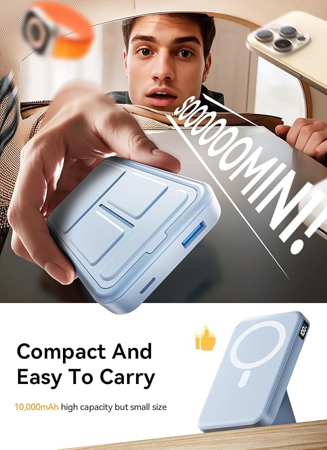 Magnetic Portable Charger, 10000mAh Wireless Power Bank with 20W USB-C Fast Charging, Foldable Stand & LED Display Magnetic Battery Pack, Compatible with iPhone 17/16/15/14, Sky Blue