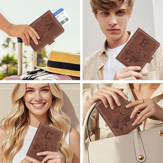 Passport Holder Wallet Cover Personalized Letter A-Z Travel Wallet RFID Blocking Passport Cover Wallet Case for Travel Passport Book Holders for Women and Men, Brown-D