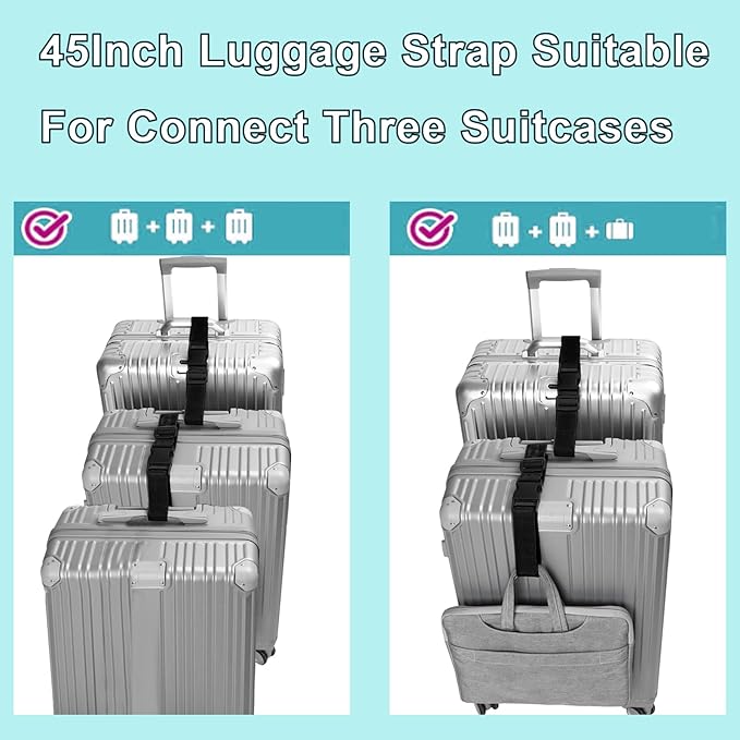 4Pack Luggage Straps Add Bag Luggage Straps to Connect Two Suitcases, Adjustable Luggage Belt Connector for Carry On, Travel Attachment Accessories for Connect Your 3 Luggages, Black