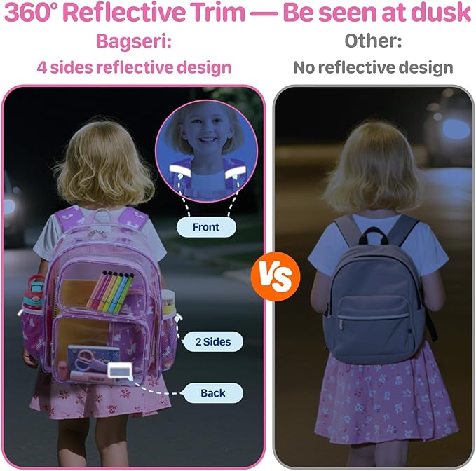 Bagseri Clear Backpack for Girls - 15 Inch Heavy Duty Kids Clear Bookbag for Kindergarten to Grade 2, Transparent School Bag with Reflective Strip, Fits Folders, Purple Unicorn