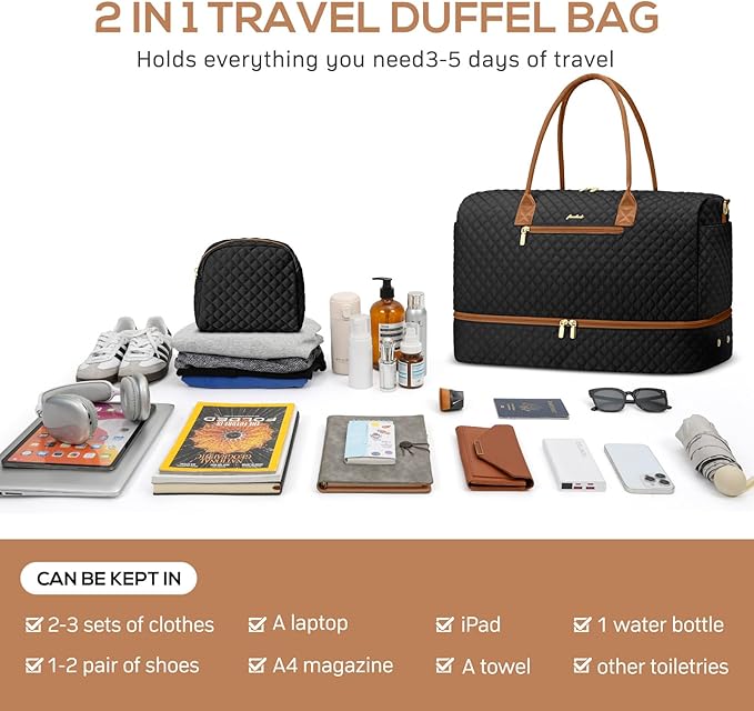 Travel Weekender Duffle Bags for Women - Large Carry On Bag with Shoe Compartment Overnight Bag with Toiletry Bag Duffel Bags with Wet Pocket for Gym Hospital Bags for Labor and Delivery Black Brown