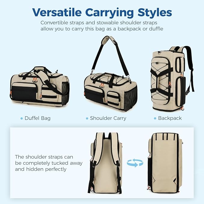 Searock 45L Gym Bag for Men, 3-In-1 Duffle Bag Backpack for Travel, Sports Duffel Bags for Gym Workout, Weekender Overnight Bag with Shoe Compartment, Wet Pocket, Khaki