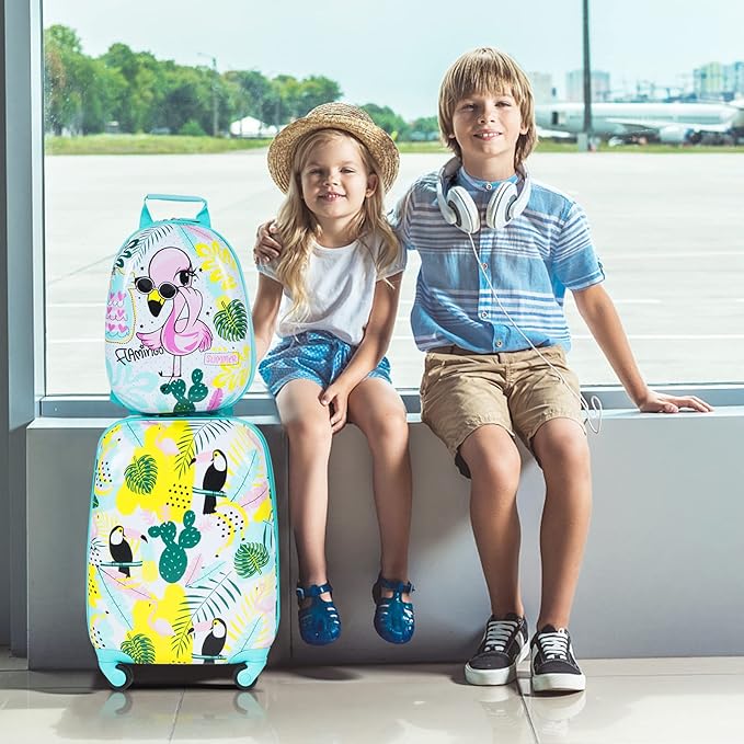 BABY JOY 2 PC Kids Luggage, 16" Toddlers Carry-on Suitcase & 12” Backpack Set, Children Travelling Case w/ 4 Casters & Retractable Handle, Lightweight Trolley Case for Boys & Girls (Flamingo)