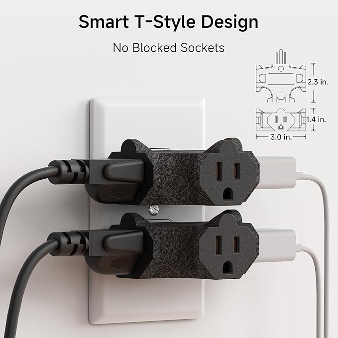 [ETL Listed] Cable Matters 3-Pack 3 Way Plug Adapter 15A 1875W, 3 Prong 3 Outlet Adapter, Power Splitter Plug Outlet, 3 Way Electrical Splitter, Black