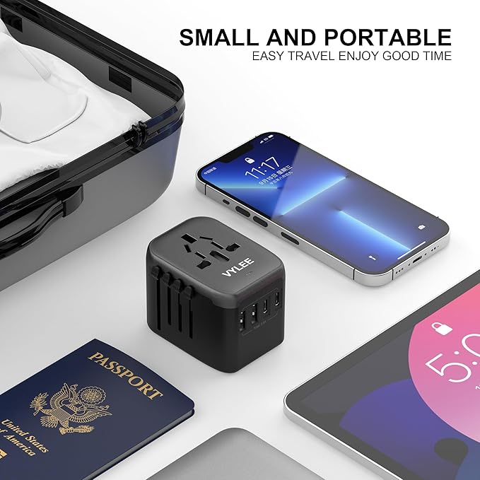 VYLEE Universal Travel Adapter, 5 in 1 International Power Adapter with 3.5A 2xUSB-A & 2xUSB-C Ports, Travel Plug Adapter Worldwide for Europe USA UK AUS Travel Essentials (Black Grey)
