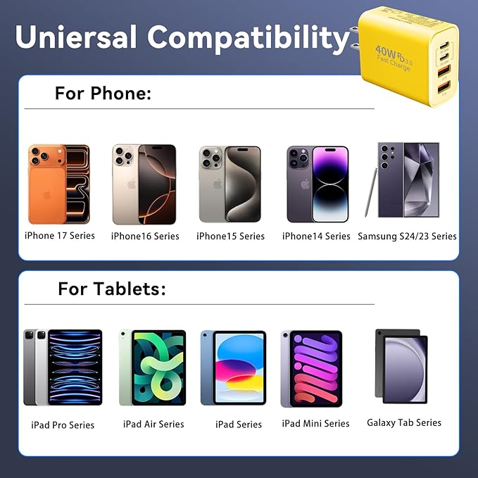 USB C Wall Fast Charger Block, 40W 4-Port Type C Chargers Fast Charging Blocks PD Power Charger Adapter+QC 3.0 USB Multiport Charger Brick for Phone 17/16/15/14/13/12 Pro Max, i-Pad, Galaxy S25-2Pack