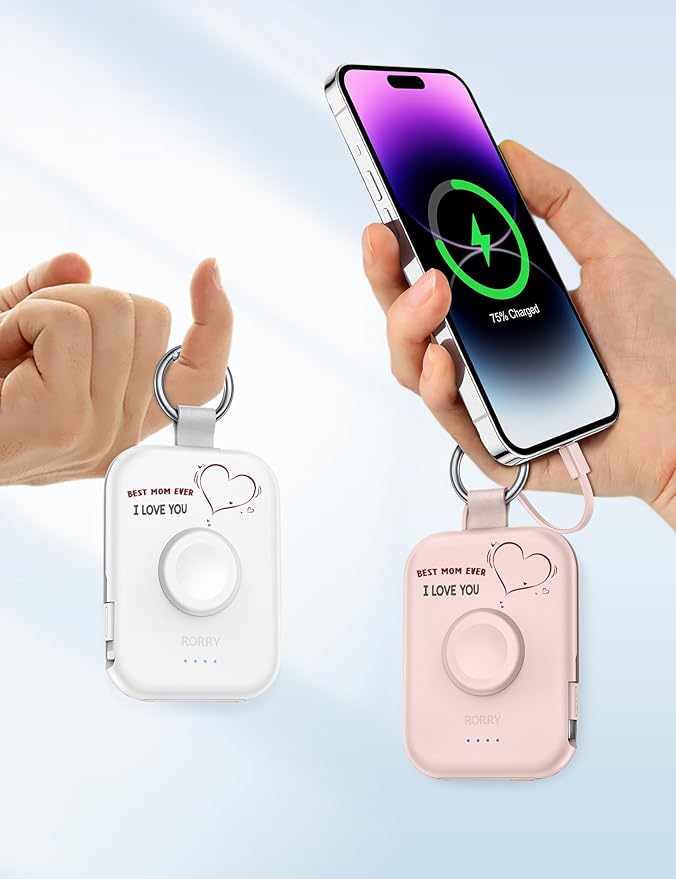 RORRY CharmGo Portable Charger, 5000mAh Portable Charger Power Bank with Built-in Cables, Travel Keychain Battery Pack for Apple Watch and iPhone Air/17/16/15/14/13/12, Mom-White