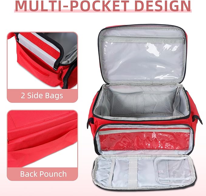 ALSLEA First Aid Bag Empty First Aid Kit Storage Box 12" x 9" x 7" Medical Bag Portable Pill Bottle Organizer Case for Car, Travel, Office, Outdoor, Camping, Hiking, School (Red)