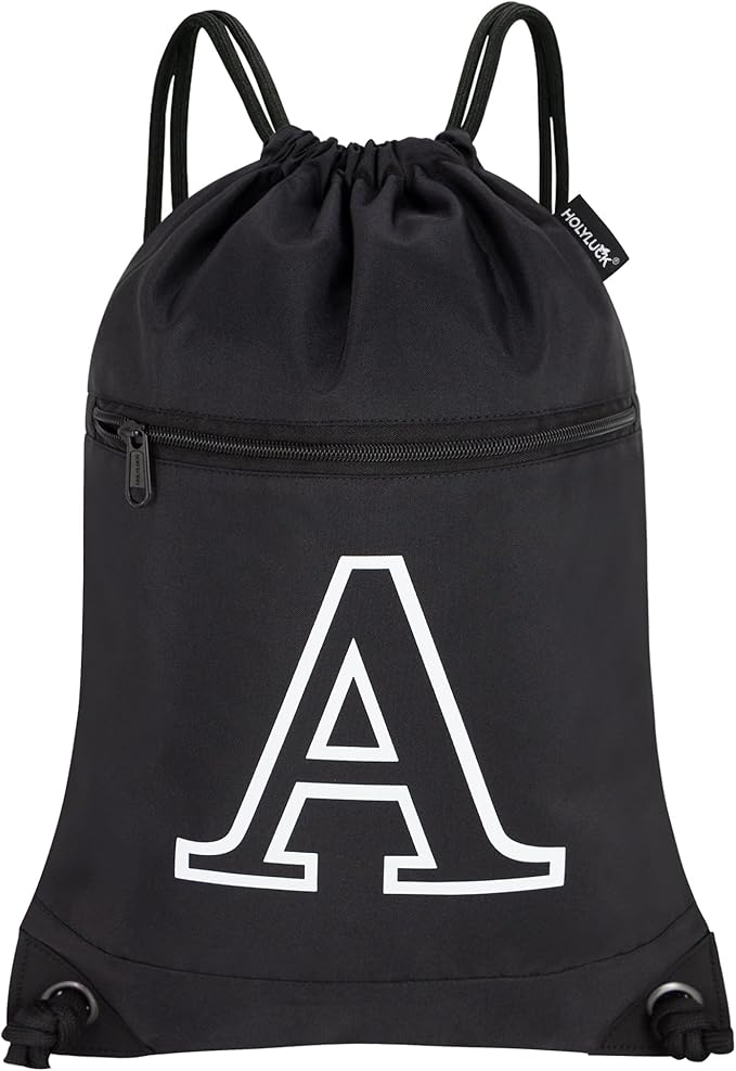HOLYLUCK Drawstring Bags Initial Backpack Sackpack Cinch Bags for Sports, Gym, Travel, Beach, Letter (Black-A)