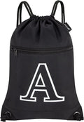 HOLYLUCK Drawstring Bags Initial Backpack Sackpack Cinch Bags for Sports, Gym, Travel, Beach, Letter (Black-A)