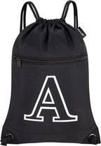 HOLYLUCK Drawstring Bags Initial Backpack Sackpack Cinch Bags for Sports, Gym, Travel, Beach, Letter (Black-A)