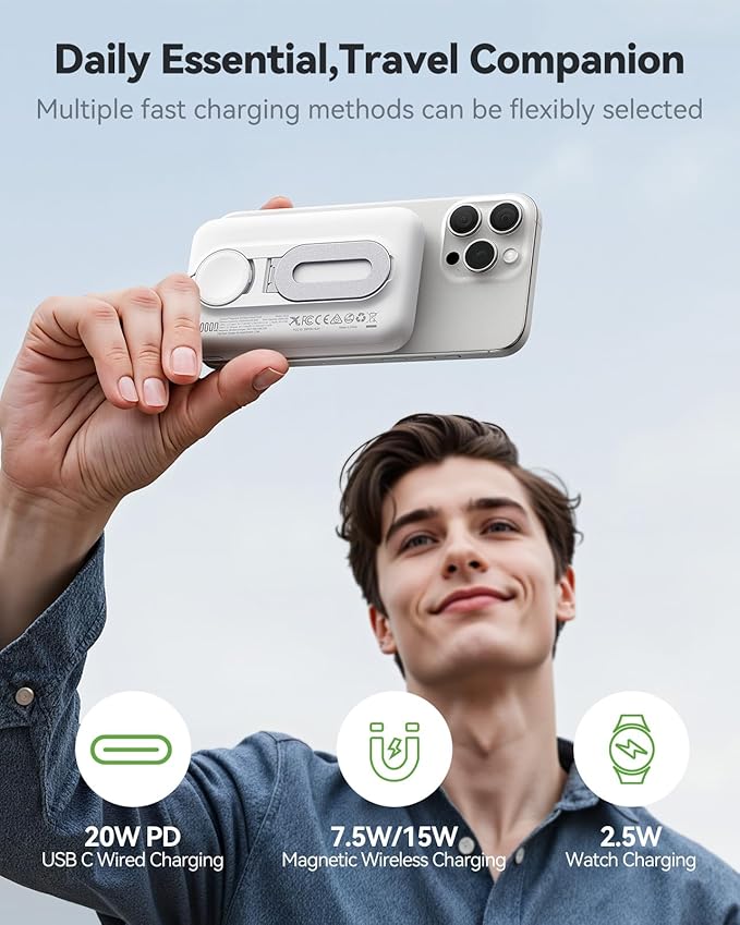 Magnetic Portable Charger for iPhone and Apple Watch, 10000mAh Wireless Power Bank PD 20W USB-C Fast Charging Battery Pack with Stand for iPhone Air 17/16/15/14/13/12 Pro Max、iWatch 11-1/SE/Ultra 3-1