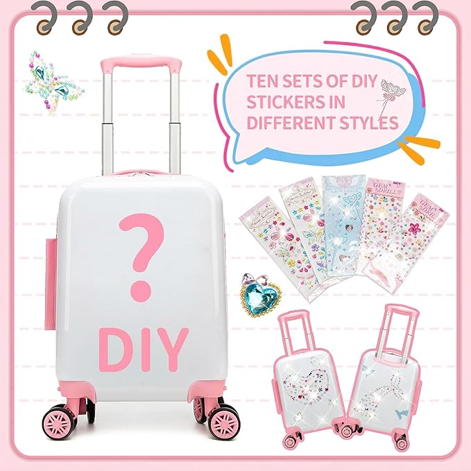 Kids Luggage Sets 2 Piece Pink Rolling Suitcases for Girls with Wheel Shardshell 16" Travel Suitcase with 10 Sheets Gem Stickers