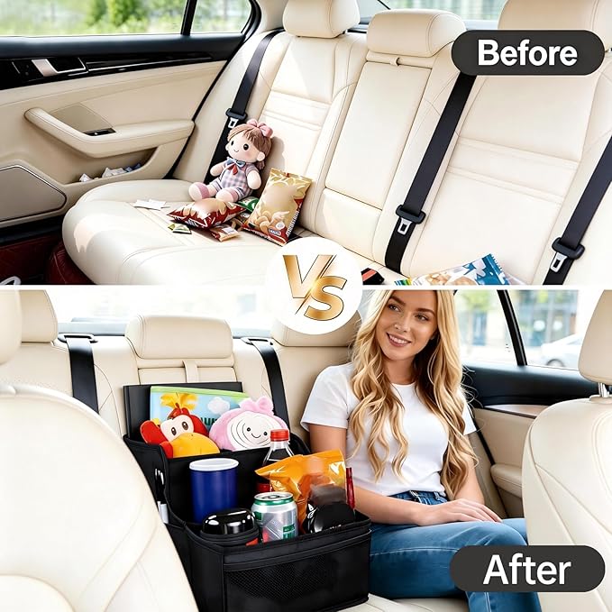 Car Seat Organizer Backseat and Passenger Seat Organizer with 9 Compartments 2 Cup Holders Car Organizer Front Seat Storage for Travel Kids，Black