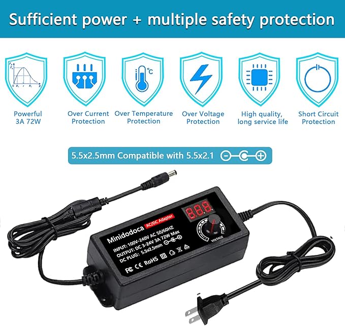 72W Power Supply Adjustable 3V ~ 24V Variable Universal Switching AC/DC Adapter Minidodoca AC to DC Converter with LED Voltage Display and 16 Tips, for 3V to 24V Household Electronics - 3000mA Max