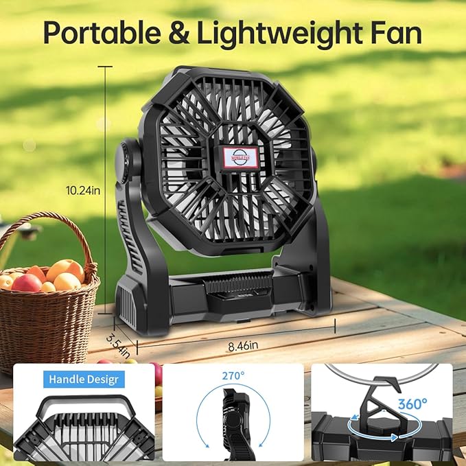 Portable Rechargeable Camping Fan for Tent, LED Lantern, 270 Rotation, 36 Hours 10-Inch Quiet Personal USB Cooling Fan for Travel, Home, Office