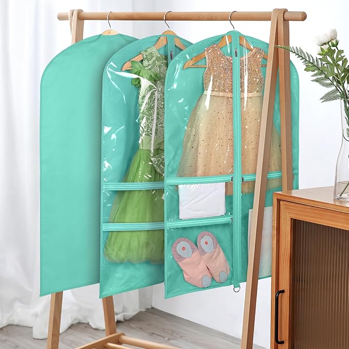 Univivi Dance Costume Bags Garment Bag 40 Inch Hanging Clothes for Dance Competitions, with 3 Medium Clear Zipper Pockets for Dance Costumes, Closet Storage (Green) - 4 Pack