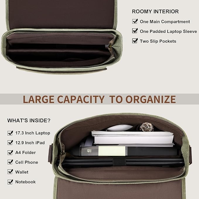 ESTARER Messenger Bag 17.3 Inch, Mens Computer Bag Water-resistant Canvas, Laptop Bag Satchel Briefcase for Teacher/College/Work/Travel, Army Green