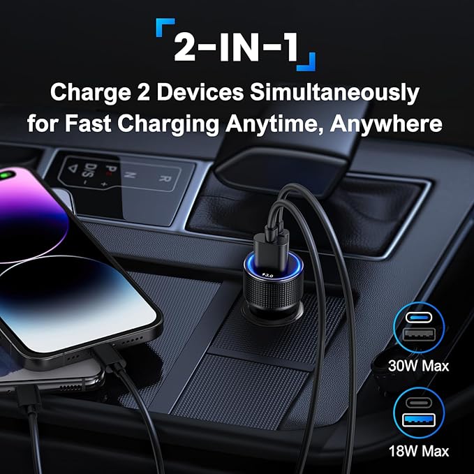 Penemay Car Charger USB C Car Phone Charger, Multi Port Cigarette Lighter Car Adapter for iPhone 17 16 15 Pro Max/14/13/12/11