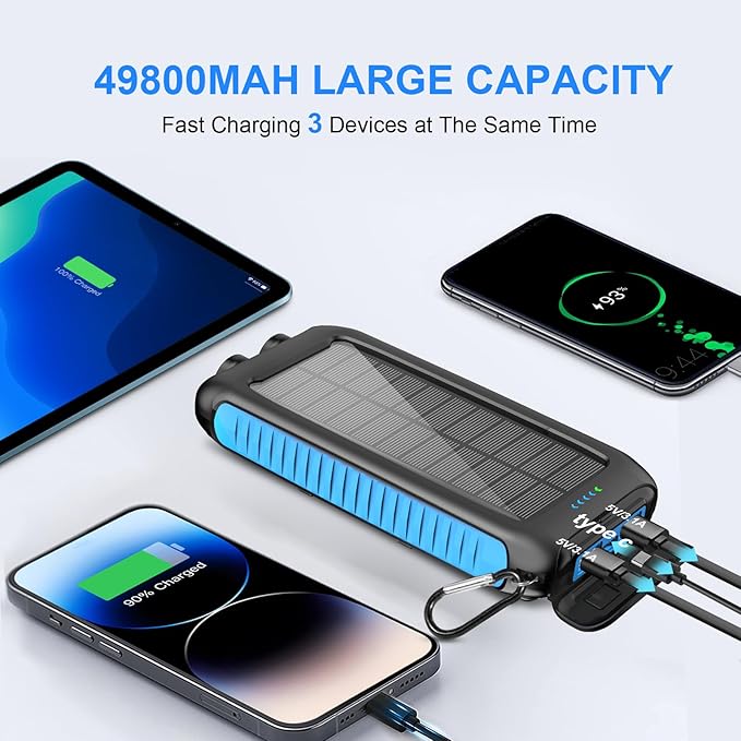 2 Pack, Solar Charger with Built-in Cables 49800mAh +Solar Power Bank 49800mAh for iPhone Android Samsung