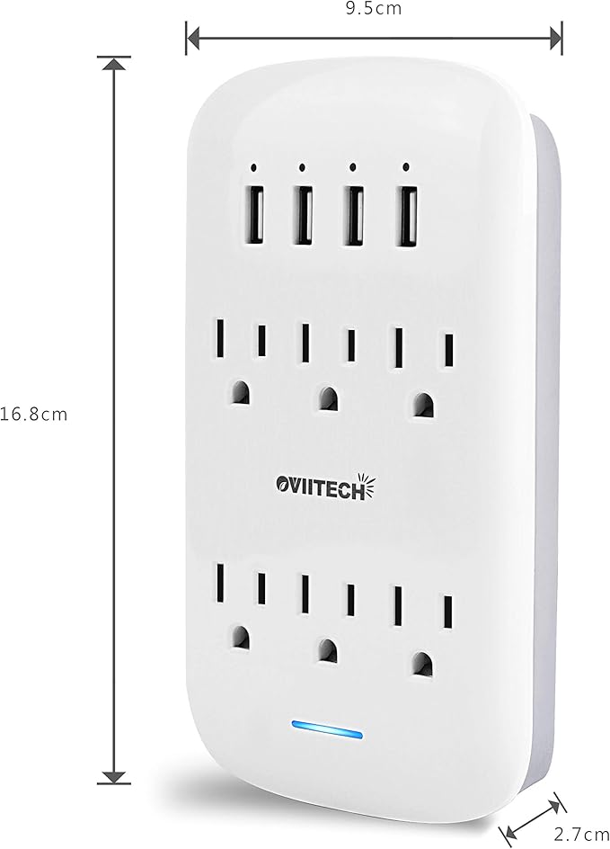 oviitech 6 Outlet Extender with 4 USB Charging Ports(4.2A Total),Wall Mount Outlet Plugs 900 Joules Wall Surge Protector and Top Phone Holder,ETL Listed,White.
