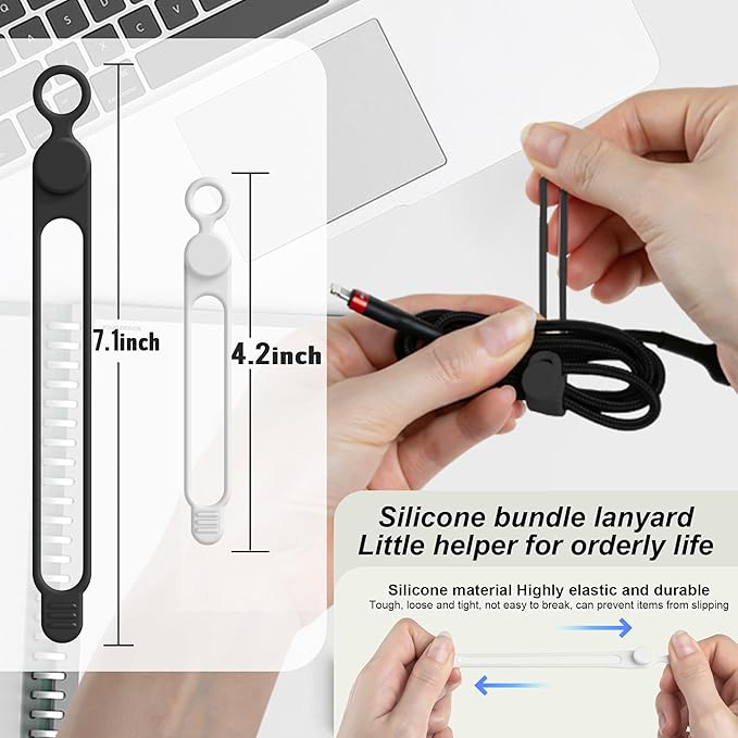 Silicone Cable Ties Cord Organizer Cable Management, 16Pcs 4.2" and 7.1" Reusable Cable Organizer Electronic Accessories for Home, Office, Kitchen, School, Travel(Black&White)