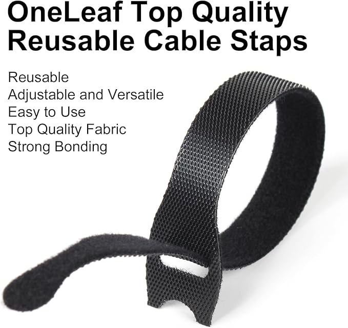 OneLeaf 110PCS Reusable Cable Ties, Adjustable 8-inch Cord Organizer Ties, Multi-purpose Hook Loop Cable Management Wire Ties for Organizing Home, Office, Data Centers, Black