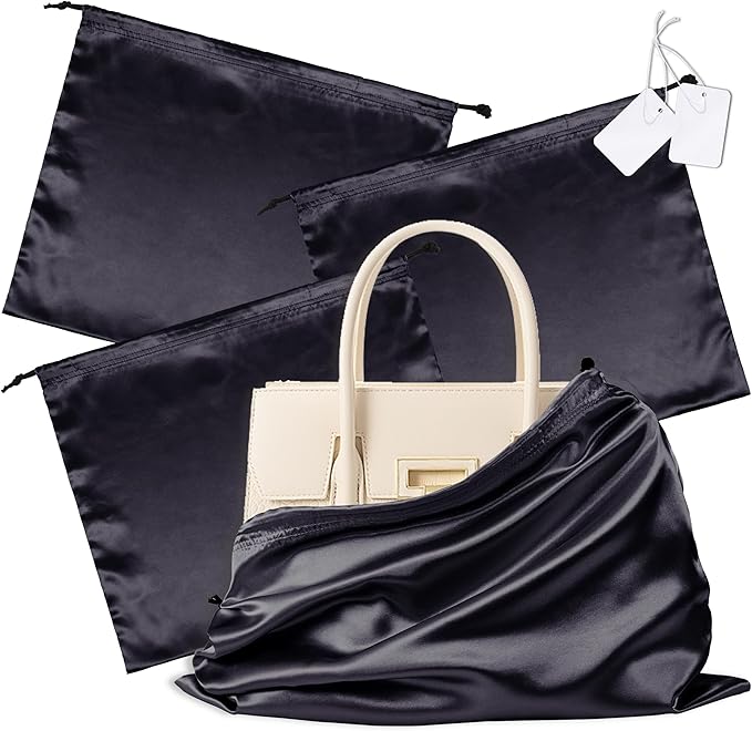 Vonty 3 Pack Silky Dust Bags for Shoes and Purses, Satin Drawstring Bag for HandBags Boots - Black Shoe Bag Silk Dust Cover Bag Protector Travel Storage Pouch(19.6 x 15.7 In)