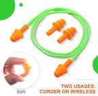 Tondiamo 200 Pairs Ear Plugs Reusable Silicone Earplugs with Cord Sleeping Individually Wrapped Hearing Protection Noise Cancelling Earplugs for Work Construction Shooting Sports(Orange, Green)
