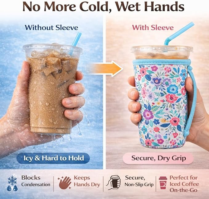 KJQJLY 3 Pack Reusable Iced Coffee Sleeves for Iced Coffee Cups or Drinks Reusable Neoprene Insulated Sleeves for Hot and Cold Drinks from Starbucks, Dunkin, And More (White Flower Bush)