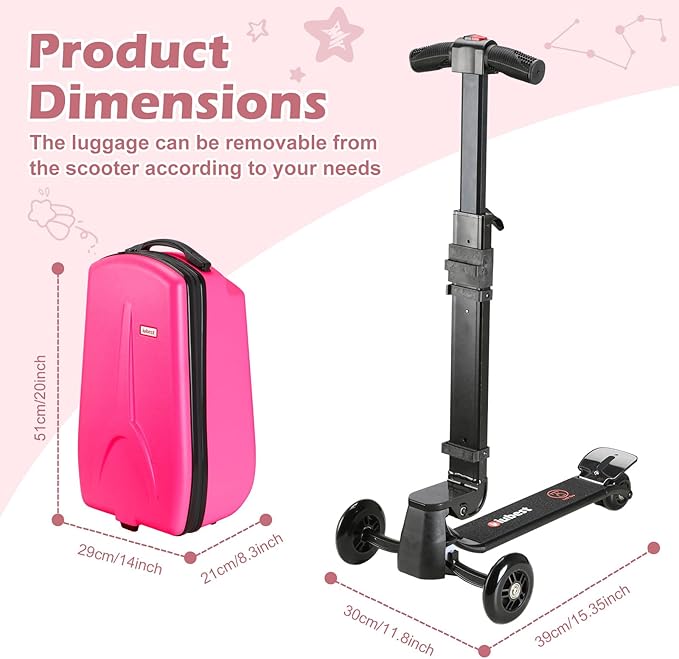 Scooter Luggage for Kids Scooter Suitcase for Ages 4-12, 4 in 1 Kids Luggage Boarding Suitcase Detachable & Foldable Scooter Travel Trolley Ride On Luggage-Fuchsia