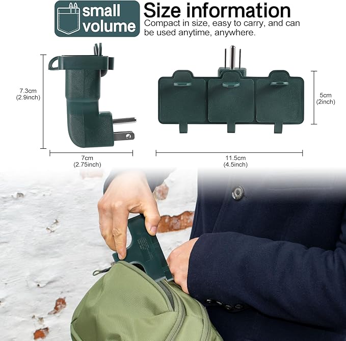 3-Prong Grounded Outdoor Wall Adapter, UL Listed Outlet Splitter, Weatherproof Heavy Duty Multi Power Plug Extender with Dust-Proof Cover, Green (2 Pack)