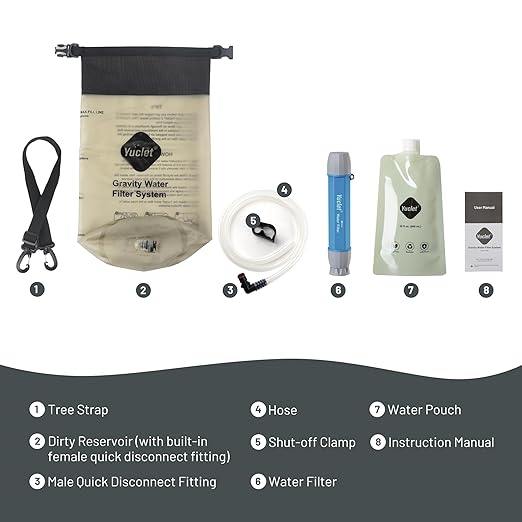 Yuclet Gravity Water Filter System w/ 2-Gal Bag & 0.1-Micron Water Filter Straw, Gravity-Fed Water Filtration System Water Purifier Survival for Camping, Backpacking, Hiking & Emergency Preparedness