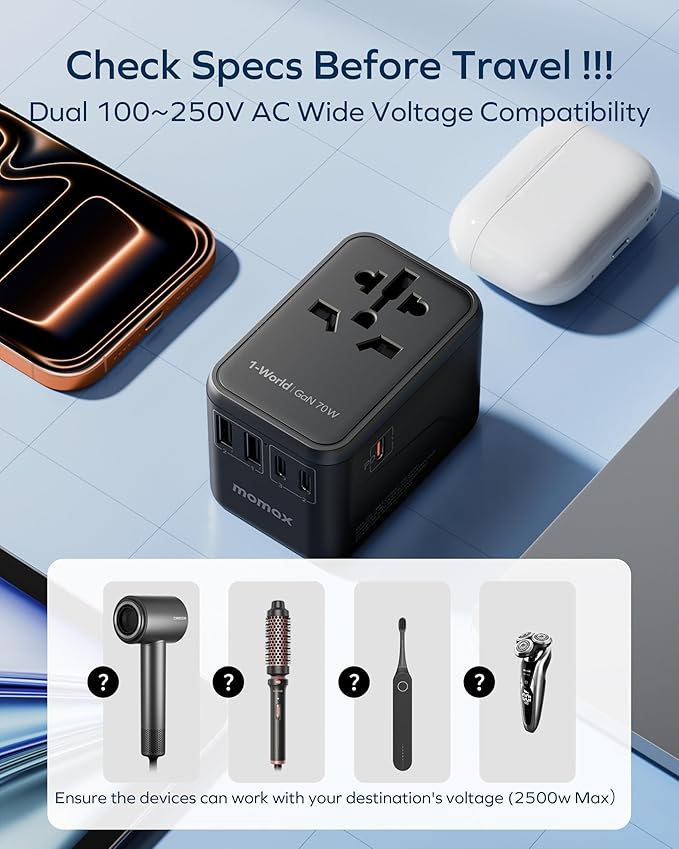 MOMAX Universal Travel Adapter 70W GaN, 3 USB-C PD & 2 USB-A QC, International Power Adapter Outlet, 6-in-1 Wall Charger for Laptop, Phone, European Travel Plug Adapter for UK/US/AUS/JP