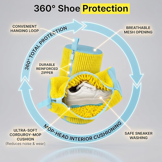 Shoe Washing Machine Bag for Washer & Dryer, Mesh Laundry Shoe Bag with Brush & Shoe Trees, Sneaker Cleaning Bag, Reusable Shoe Cleaner, Fits Up to Size 13