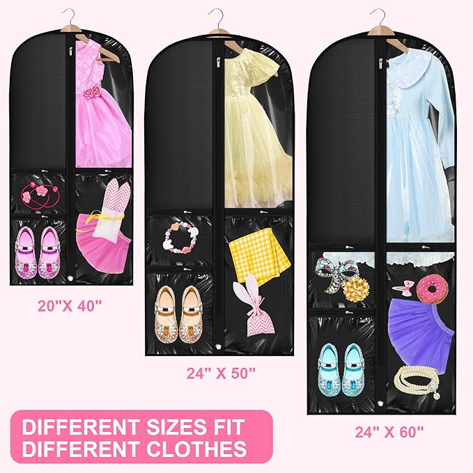Woanger 6 Pcs Garment Bags for Dance Costumes Clear PVC with Zippers Garment Bag with Pockets Dance Costume Organizer Carrier for Storage Cover for Adult(Black,20'' X 40'',24'' X 50'',24'' X 60'')
